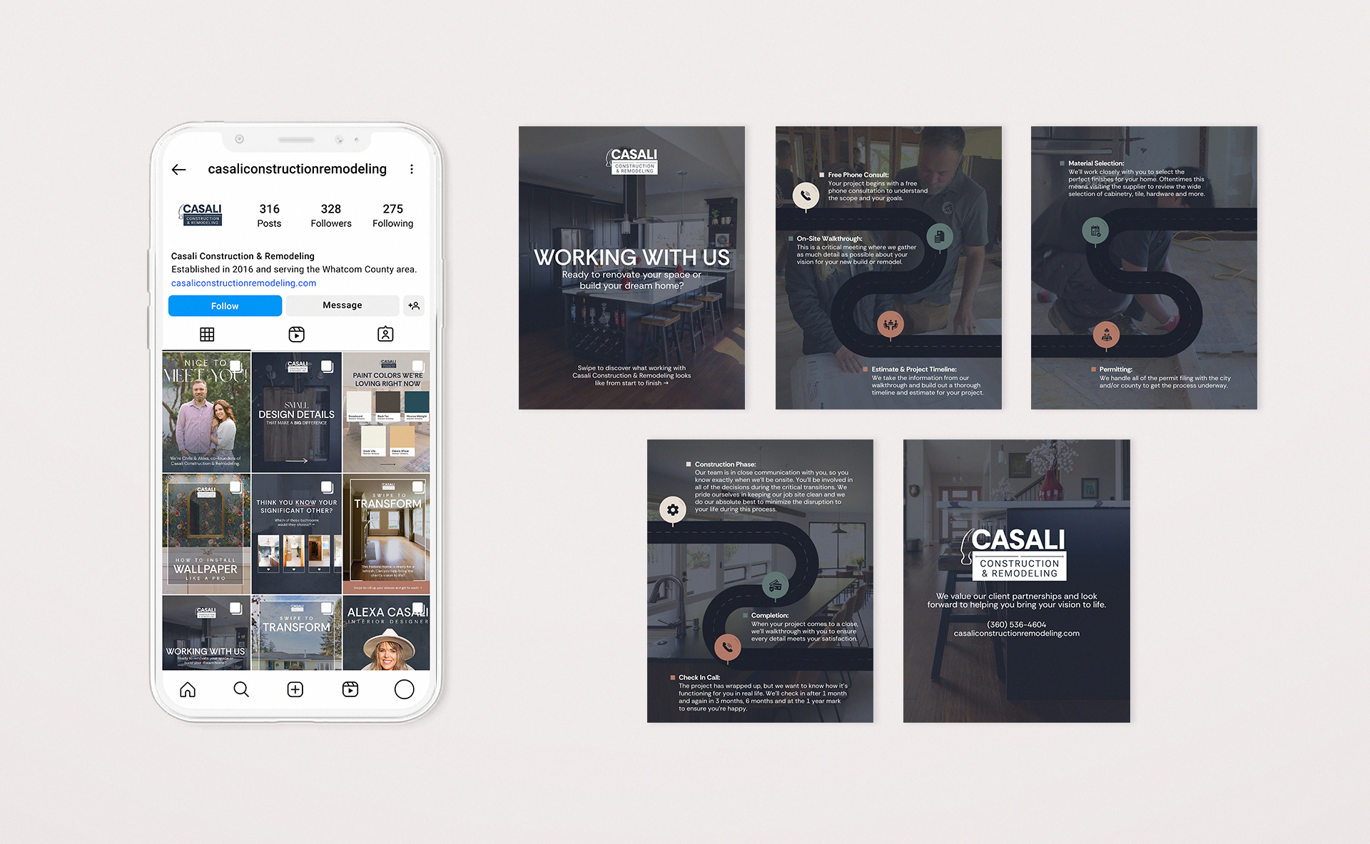 Casali's Instagram grid and carousel posts showing remodeling process and project highlights.