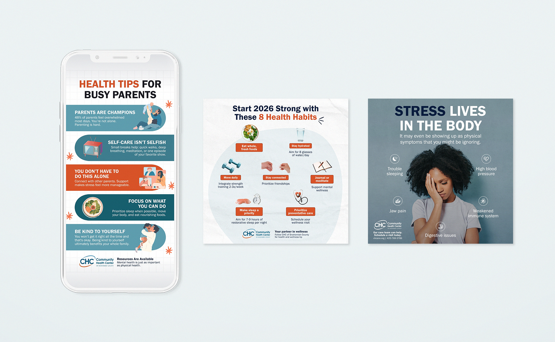 CHC health awareness ads with informational layouts and real-life imagery.