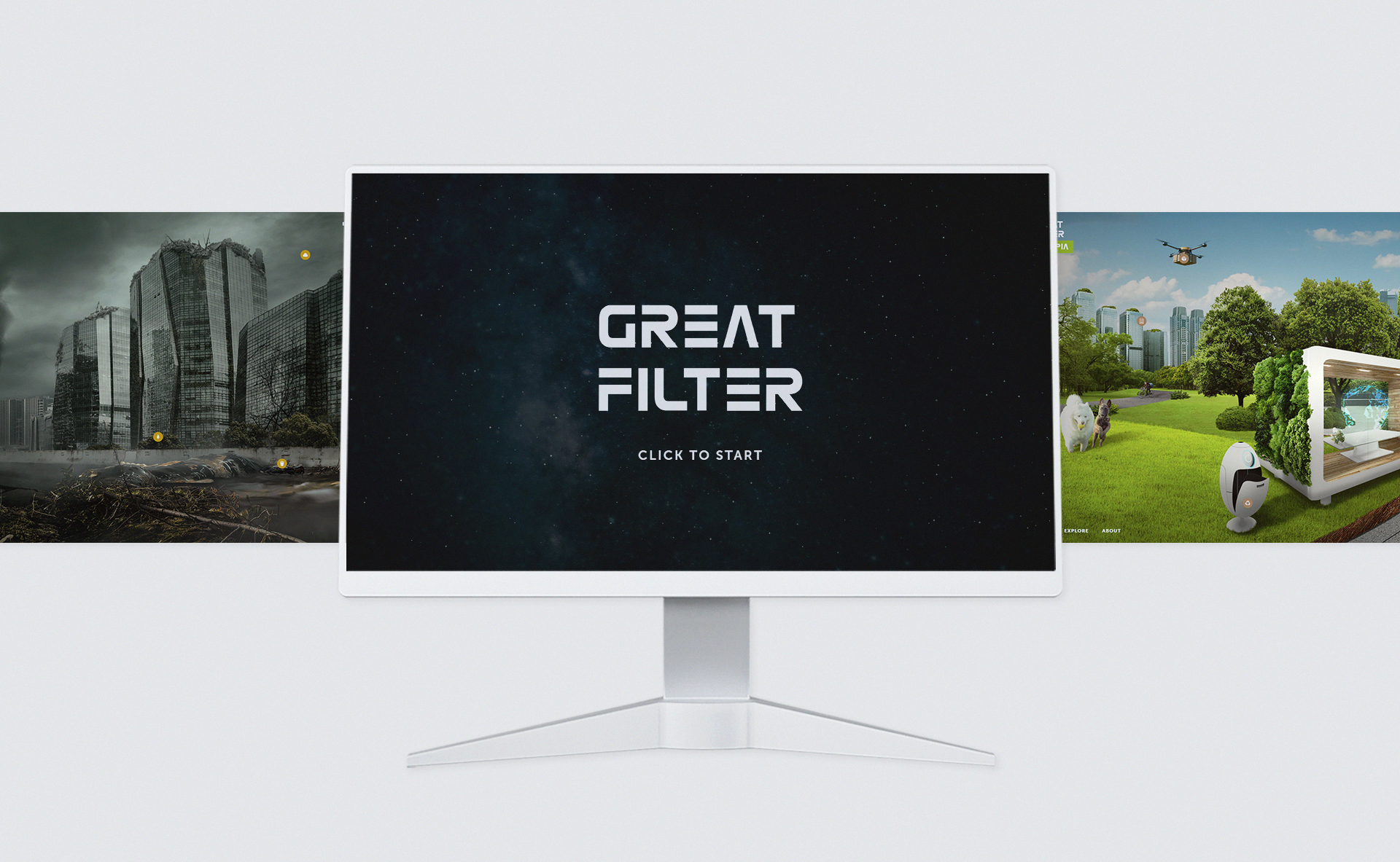 Great Filter web experience displayed on a desktop screen, with dystopian and utopian scenes in the background.