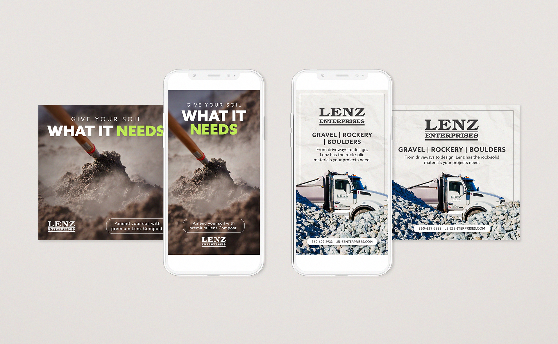 Lenz Enterprises ads promoting landscaping materials in square and vertical formats.