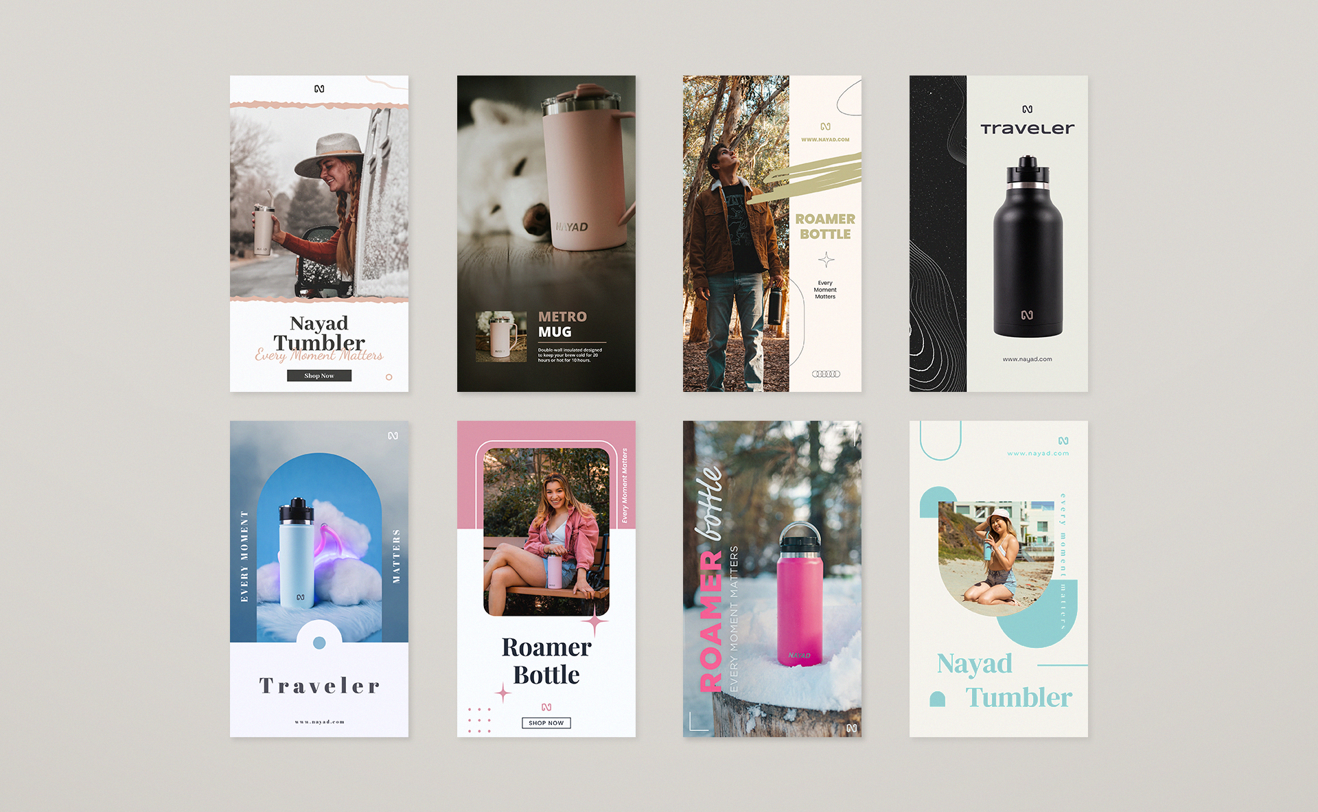 Instagram stories promoting various Nayad drinkware products.