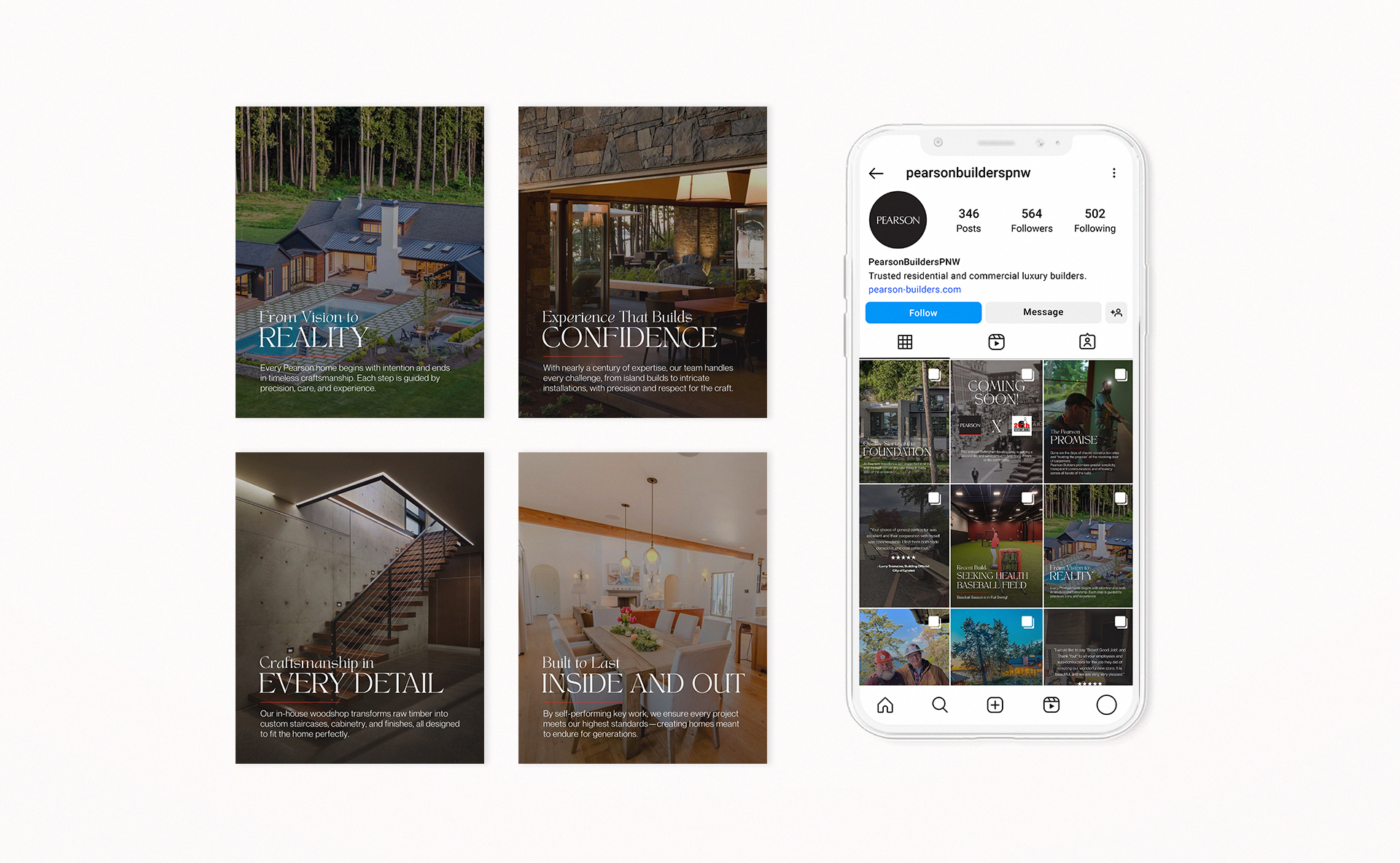 Pearson Builders social posts featuring luxury homes, interiors, and architectural details.