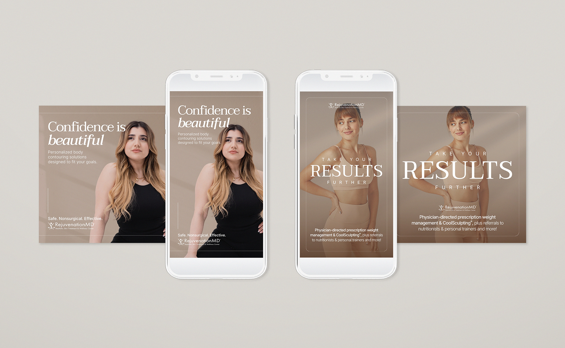 RejuvenationMD paid social ads in square and vertical formats.