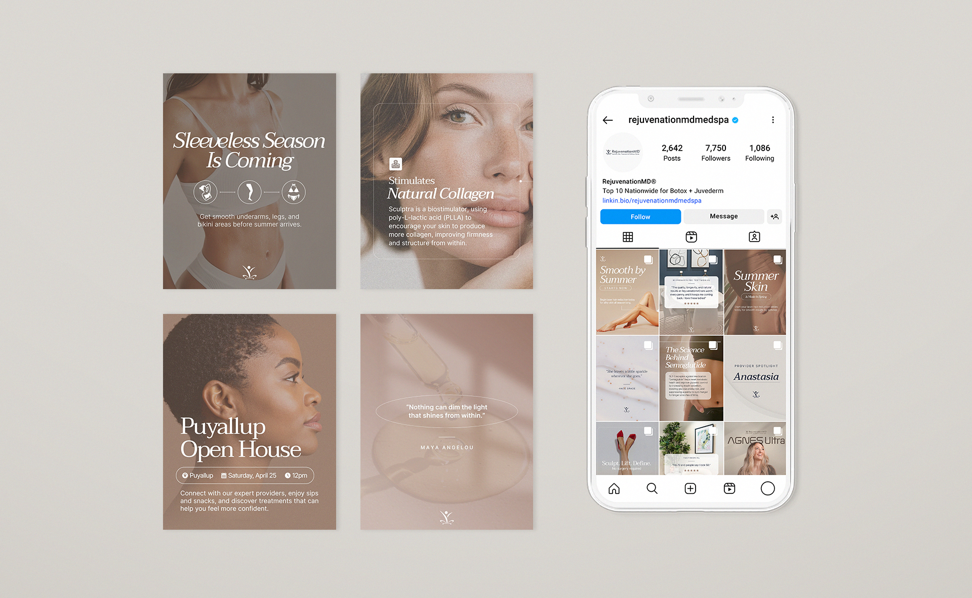 RejuvenationMD Instagram post designs and profile grid in neutral tones.